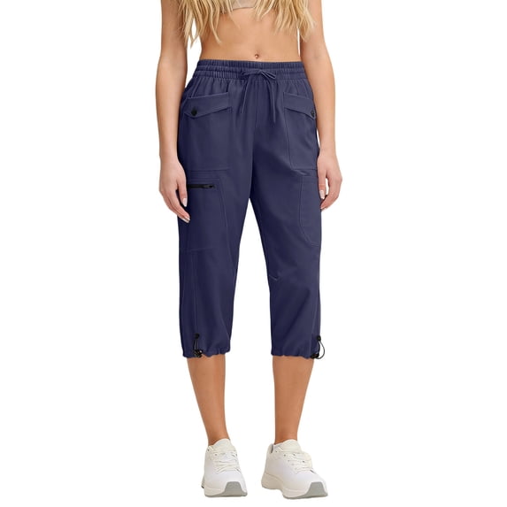 FAHXNVB Cargo Capri Pants for Women Summer Drawstring Elastic Waist Athletic Pants with Pockets Lightweight Casual Pants