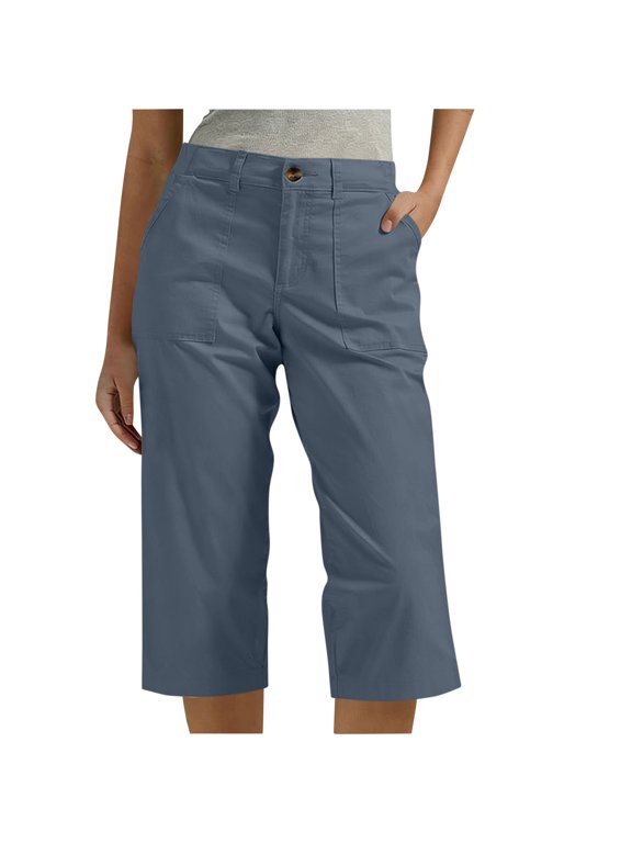 Cargo Capris for Women with Pockets High Waisted Straight Leg Cropped Pants Summer Button Loose Hiking Travel Capris,Blue