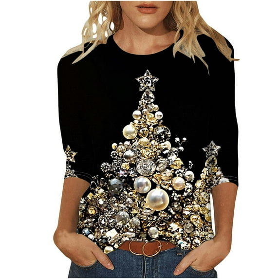 FAHXNVB Christmas Shirts for Women Plus Size Funny Xmas Tree Graphic Crewneck 3/4 Sleeve Tops Trendy Family Holiday Casual Dressy Blouses