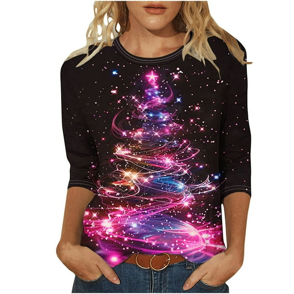 FAHXNVB Christmas Shirts for Women Plus Size Funny Xmas Tree Graphic Crewneck 3/4 Sleeve Tops Trendy Family Holiday Casual Dressy Blouses