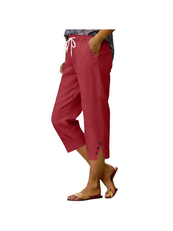 Cotton Linen Capri Pants for Women Casual Elastic Waist Drawstring Summer Cropped Pants Side Slit Button Capris with Pockets,XXL
