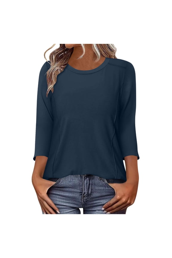 Crewneck T-Shirts for Womens 3/4 Sleeve Solid Color Soft Cotton Tees Tops Spring Summer Fashion Casual Comfortable Loose Shirts