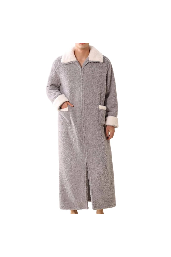 Flannel Nightshirt for Mens Winter Warm Full Zip Long Sleeves Full Length Fleece Nightgown Loose Fit Soft Fluffy Robe Housecoats with Pockets