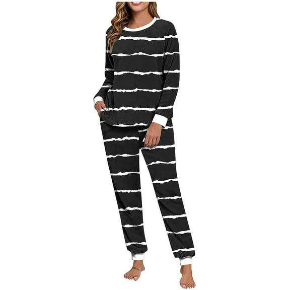 FAHXNVB Fleece Pajama Sets for Womens 2 Piece Soft Warm Fluffy Fuzzy Pajama Set Cute Striped Long Sleeve Cozy Winter Pj Outfits with Pockets