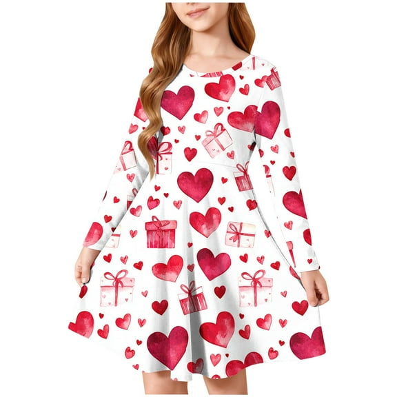 FAHXNVB Girl Valentine's Day Long Sleeve Dresses Comfortable Lovely Hearts Print Crewneck Dress Stretchy Twirly Casual Dress 4-14 Years