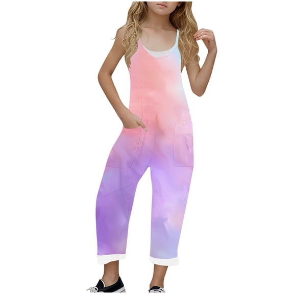 FAHXNVB Girl's V Neck Sleeveless Jumpsuits Graphic Print Lovely Spaghetti Straps Long Pants Fashion Casual Comfortable Rompers With Pockets 5-14 Years