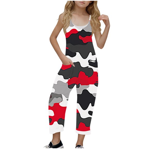 FAHXNVB Girl's V Neck Sleeveless Jumpsuits Graphic Print Lovely Spaghetti Straps Long Pants Fashion Casual Comfortable Rompers With Pockets 5-14 Years
