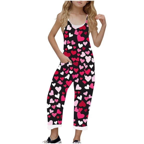FAHXNVB Girl's V Neck Sleeveless Jumpsuits Hearts Print Spaghetti Straps Long Pants Fashion Casual Rompers With Pockets 5-14 Years