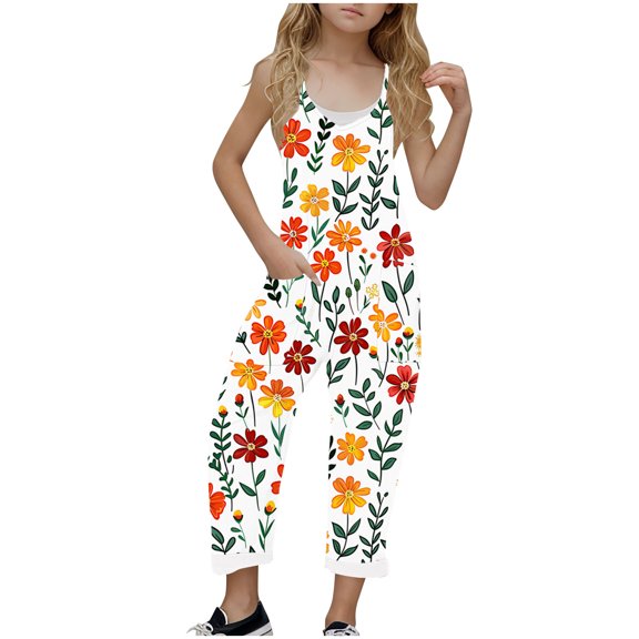 FAHXNVB Girl's V Neck Sleeveless Jumpsuits Lovely Graphic Print Spaghetti Straps Long Pants Fashion Casual Rompers With Pockets 5-14 Years