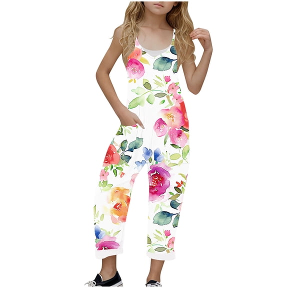 FAHXNVB Girl's V Neck Sleeveless Jumpsuits Lovely Graphic Print Spaghetti Straps Long Pants Fashion Casual Rompers With Pockets 5-14 Years