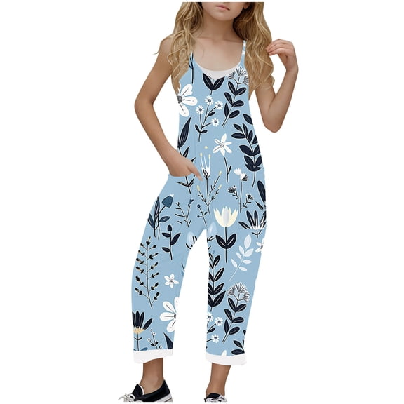 FAHXNVB Girl's V Neck Sleeveless Jumpsuits Lovely Graphic Print Spaghetti Straps Long Pants Fashion Casual Rompers With Pockets 5-14 Years