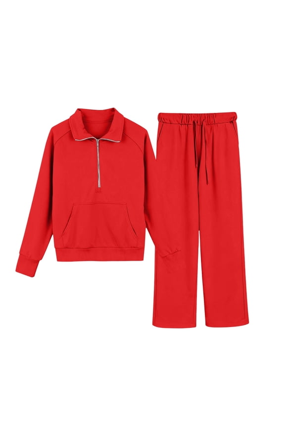 Girls' 2-Piece Sweatsuits Set Solid Color Half Zip Pullover Sweatshirt and Wide Leg Pants Set Soft Fashion Casual Sports Sets 5-16 Years