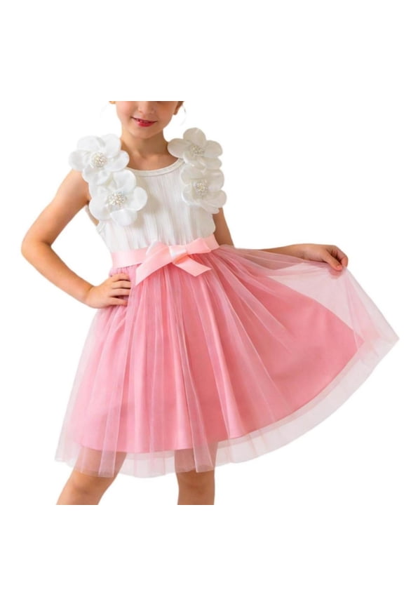 Girls 3D Floral Applique Party Dress Sleeveless Bowknot Tulle A Line Dresses Lightweight Soft Wedding Birthday Dress 3-8 Years