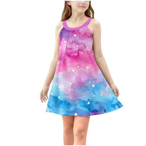 FAHXNVB Girls Cami Dress Cute Graphic Print Sleeveless A-Line Swing Casual Dresses Summer Fashion Beach Dress 4-15 Years