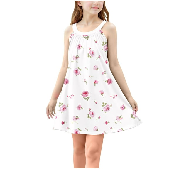 FAHXNVB Girls Cami Dress Lovely Floral Print Sleeveless A-Line Swing Casual Dresses Summer Fashion Comfy Beach Dress 4-15 Years