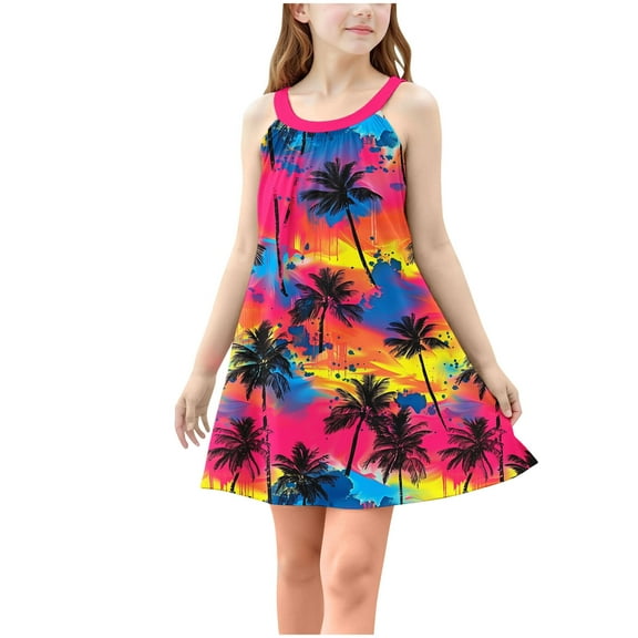 FAHXNVB Girls Cami Dress Lovely Floral Print Sleeveless A-Line Swing Casual Dresses Summer Fashion Comfy Beach Dress 4-15 Years