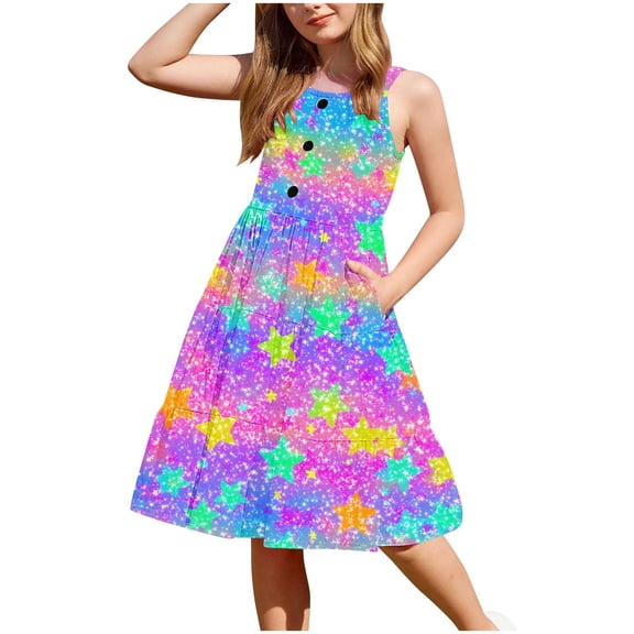 FAHXNVB Girls Cami Midi Dresses Casual Summer Crewneck Spaghetti Straps A Line Tiered Flowy Sundress Graphic Print Fashion Cozy Beach Vacation Dresses 2-12 Years