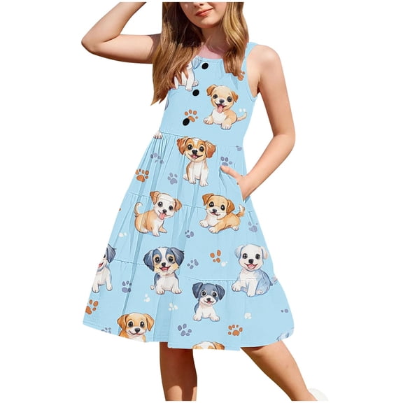 FAHXNVB Girls Cami Midi Dresses Casual Summer Crewneck Spaghetti Straps A Line Tiered Flowy Sundress Graphic Print Fashion Cozy Beach Vacation Dresses 2-12 Years