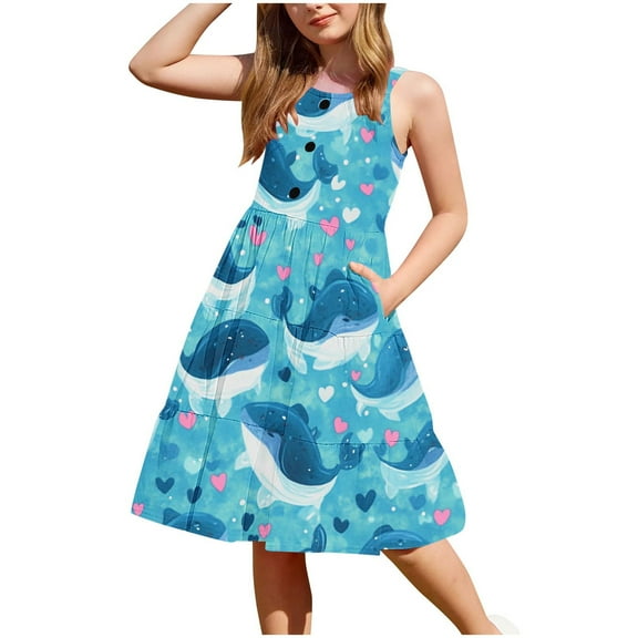 FAHXNVB Girls Cami Midi Dresses Casual Summer Crewneck Spaghetti Straps A Line Tiered Flowy Sundress Graphic Print Fashion Cozy Beach Vacation Dresses 2-12 Years