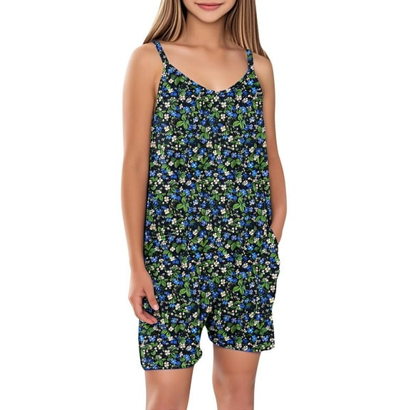 FAHXNVB Girls Cami Romper Sleeveless Cute Graphic Print Jumpsuit Short with Pockets One Piece Summer Casual Fashion Clothes 5-14 Years