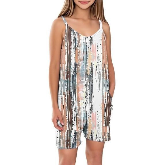 FAHXNVB Girls Cami Romper Sleeveless Cute Graphic Print Jumpsuit Short with Pockets One Piece Summer Casual Fashion Clothes 5-14 Years