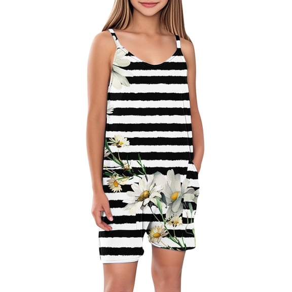 FAHXNVB Girls Cami Romper Sleeveless Cute Graphic Print Jumpsuit Short with Pockets One Piece Summer Casual Fashion Clothes 5-14 Years