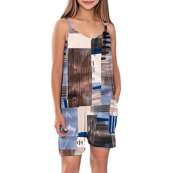FAHXNVB Girls Cami Romper Sleeveless Cute Graphic Print Jumpsuit Short with Pockets One Piece Summer Casual Fashion Clothes 5-14 Years