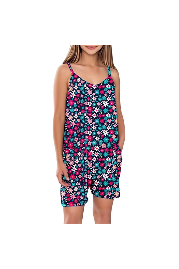 Girls Cami Romper Sleeveless Lovely Graphic Print Jumpsuit Short with Pockets One Piece Summer Casual Fashion Clothes 5-14 Years