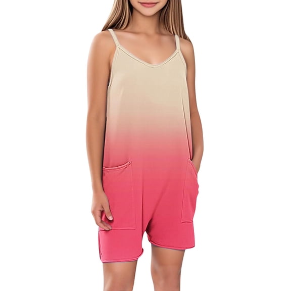 FAHXNVB Girls Cami Romper V-Neck Sleeveless Graphic Print Jumpsuit Short with Pockets One Piece Summer Casual Fashion Clothes 5-14 Years