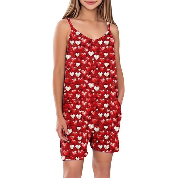 FAHXNVB Girls Cami Romper V-Neck Sleeveless Graphic Print Jumpsuit Short with Pockets One Piece Summer Casual Fashion Clothes 5-14 Years