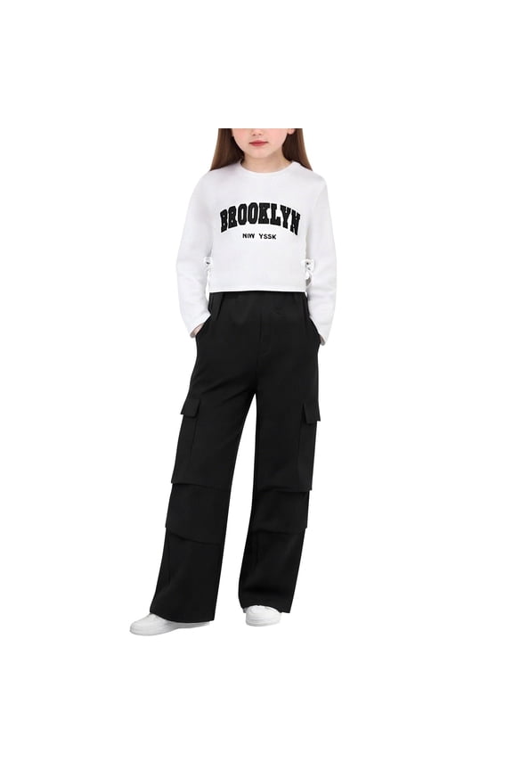 Girls' Cargo Pants and Graphic Sweatshirt Set High Waisted Casual Loose Fit Two Piece Sets Breathable Fashion Comfortable Lightweight Outfits Sets 6-15 Years