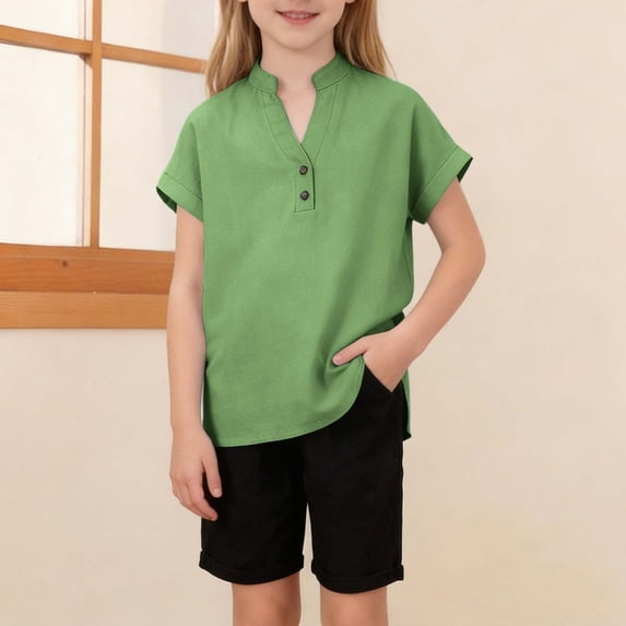 FAHXNVB Girls Cotton Linen T Shirts Button Short Sleeve V Neck Side Slit Breathable Tees Tops Solid Color Summer Fashion Shirts 4-14 Years