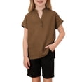 thumbnail image 1 of FAHXNVB Girls Cotton Linen T Shirts Button Short Sleeve V Neck Side Slit Breathable Tees Tops Solid Color Summer Fashion Shirts 4-14 Years, 1 of 8