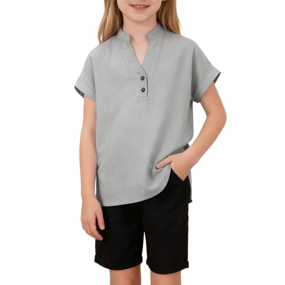 FAHXNVB Girls Cotton Linen T Shirts Button Short Sleeve V Neck Side Slit Breathable Tees Tops Solid Color Summer Fashion Shirts 4-14 Years