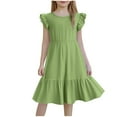 thumbnail image 1 of FAHXNVB Girls Crewneck Long Dress Solid Color Flutter Sleeve Ruffle Hem A-Line Swing Casual Dresses Summer Fashion Princess Dress 3-13 Years, 1 of 7