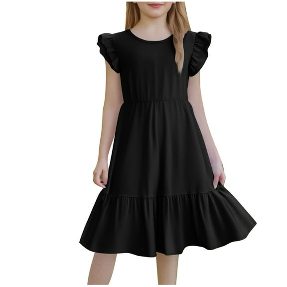FAHXNVB Girls Crewneck Long Dress Solid Color Flutter Sleeve Ruffle Hem A-Line Swing Casual Dresses Summer Fashion Princess Dress 3-13 Years