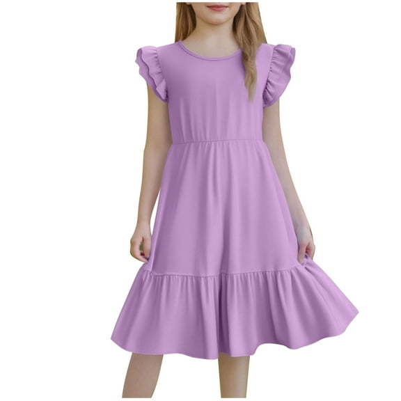 FAHXNVB Girls Crewneck Long Dress Solid Color Flutter Sleeve Ruffle Hem A-Line Swing Casual Dresses Summer Fashion Princess Dress 3-13 Years