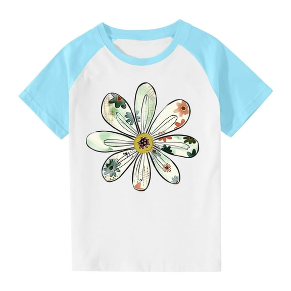 FAHXNVB Girls Crewneck T-Shirts Short Sleeve Lovely Floral Print Soft Cotton Breathable Shirts Summer Fashion Casual Color Block Tees Tops 3-10 Years
