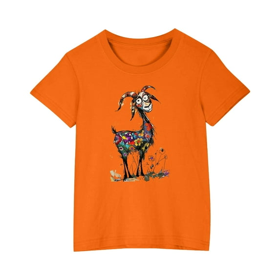 FAHXNVB Girls Crewneck T-Shirts Short Sleeve Summer Cute Goat Print Basic Breathable Cotton Shirts Fashion Althletic Comfortable Tees Tops 3-10 Years