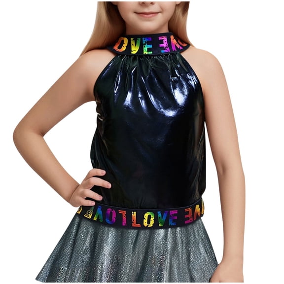 FAHXNVB Girls Crewneck Tank Tops Shiny Letter Print Off Shoulder Casual Dance T-Shirts Fashion Comfortable Sleeveless Shirts 4-14 Years