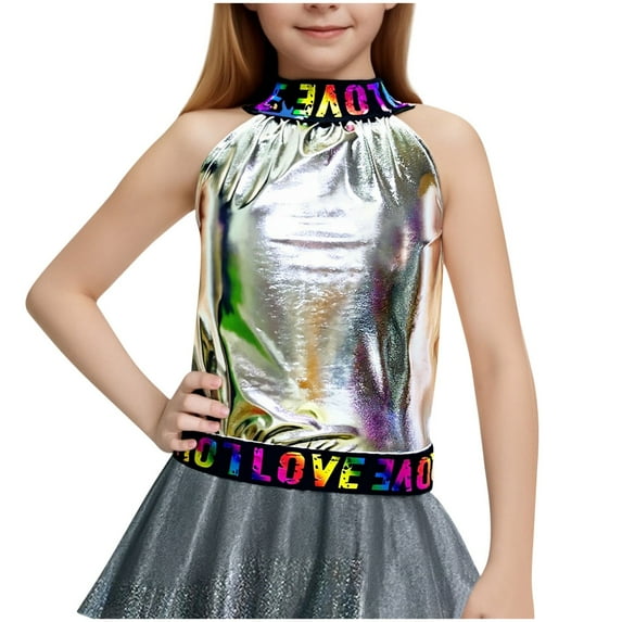 FAHXNVB Girls Crewneck Tank Tops Shiny Letter Print Off Shoulder Casual Dance T-Shirts Fashion Comfortable Sleeveless Shirts 4-14 Years