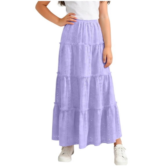 FAHXNVB Girls Eyelet Embroidered Maxi Skirts Elastic Waisted Tiered Skirts Breathable Casual Summer Beach Vacation Long Skirts 4-15 Years
