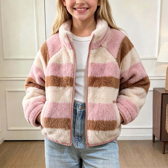 FAHXNVB Girls Fleece Jacket Lapel Collar Zip up Sherpa Coat with Pockets Striped Casual Winter Coat For 2-10 Years