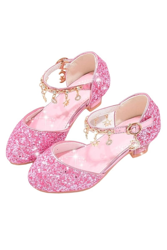 Girls Glitter Princess Heels Non Slip Star Charm Ankle Strap Dress Shoes Birthday Summer Sparkly Fashion Shoes 4-12.5 Years