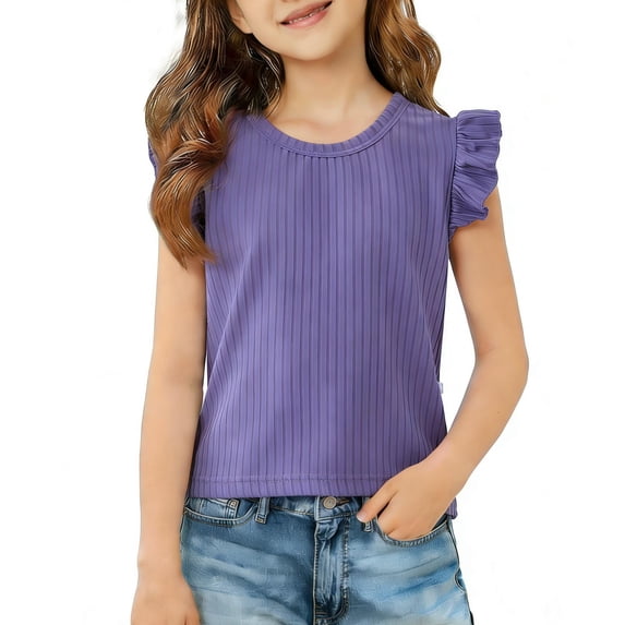 FAHXNVB Girls Ice Silk Ruffle Sleeve Tops Casual Crew Neck Blouses Kids Summer Tees Shirts Blouse Tops 0-12 Years