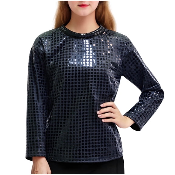 FAHXNVB Girls Long Sleeve T-Shirts Crewneck Solid Color Metallic Sparkle Shiny Comfortable Tees Tops Fashion Casual Shirts 3-16 Years