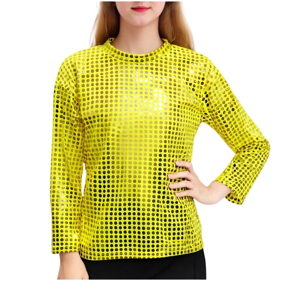 FAHXNVB Girls Long Sleeve T-Shirts Crewneck Solid Color Metallic Sparkle Shiny Comfortable Tees Tops Fashion Casual Shirts 3-16 Years