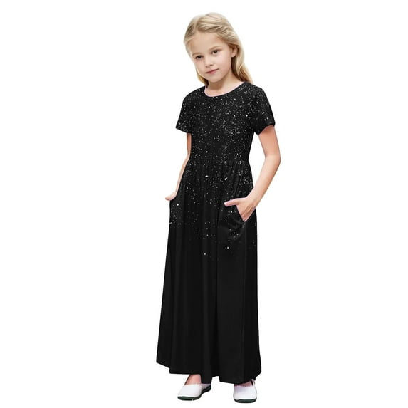 FAHXNVB Girls Maxi Dress Solid Color Star Sequin Short Sleeve Casual Holiday Dress with Pockets Fashion Stretchy Comfortable Long Dress 4-14 Years