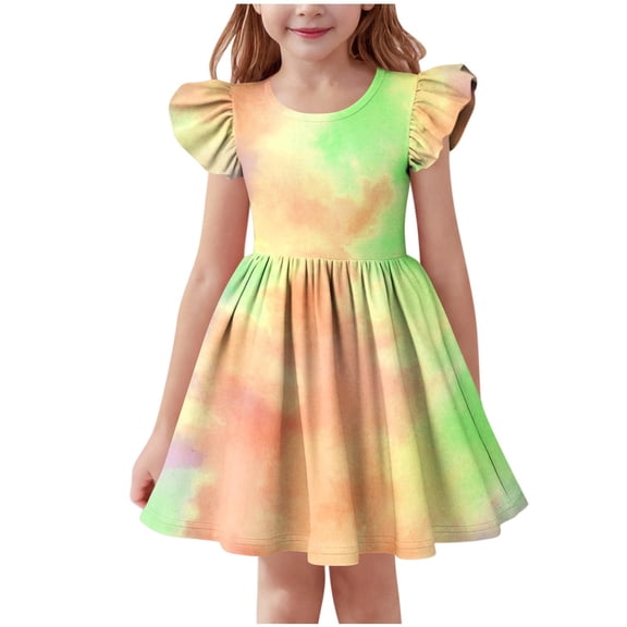 FAHXNVB Girls Midi Dress Crewneck Tie Dye Ruffle Sleeve A-Line Swing Casual Dresses Summer Fashion Princess Dress 3-14 Years