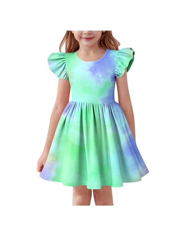 Girls Midi Dress Crewneck Tie Dye Ruffle Sleeve A-Line Swing Casual Dresses Summer Fashion Princess Dress 3-14 Years